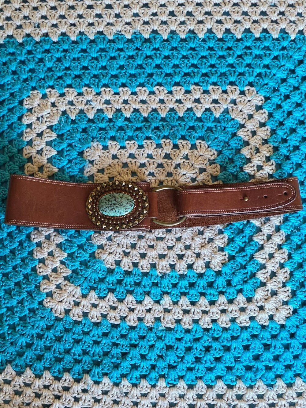 Leather Rock Leather Belt With Turquoise Buckle With Gild Studs - Picture 2 of 7